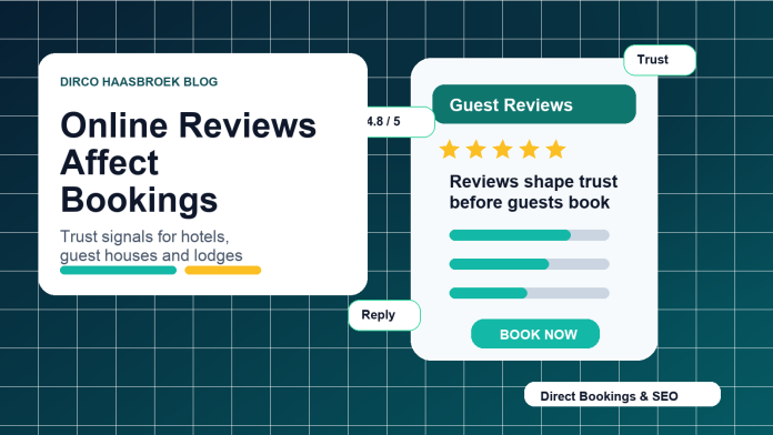 Illustration showing online reviews, star ratings and booking trust signals for hotels, guest houses and lodges.
