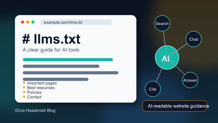 Illustration of an llms.txt website guide connected to AI search and chat tools