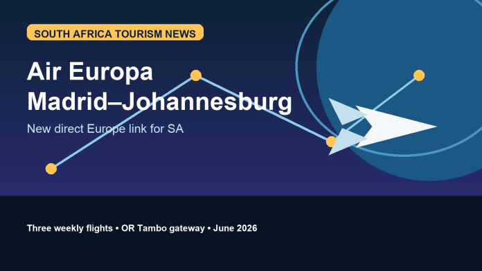 Editorial graphic showing an Air Europa Madrid–Johannesburg air route for South Africa tourism news.