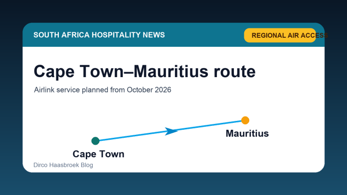 Editorial graphic for news about Airlink launching a direct Cape Town to Mauritius route from October 2026.