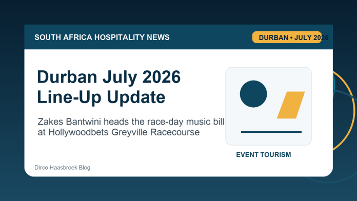 Durban July 2026 hospitality news graphic with Zakes Bantwini line-up update