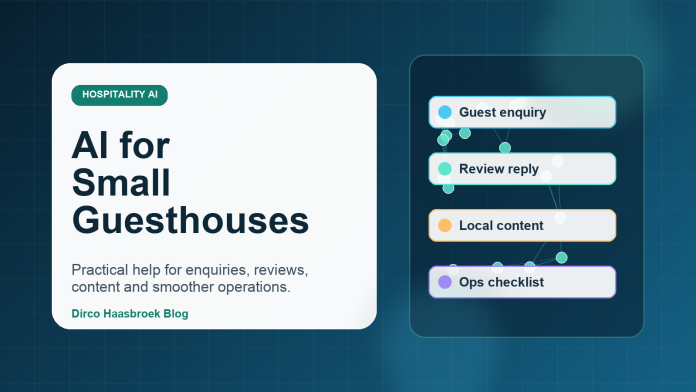 Editorial graphic showing AI assisting small guesthouses with enquiries, reviews, local content, and operations.