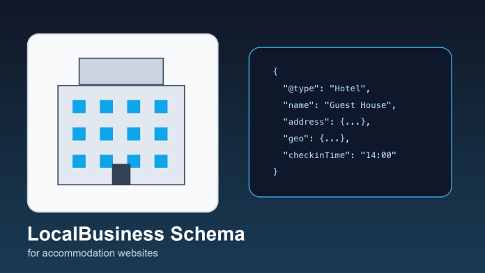 LocalBusiness schema example for an accommodation website with hotel icon and JSON-LD code