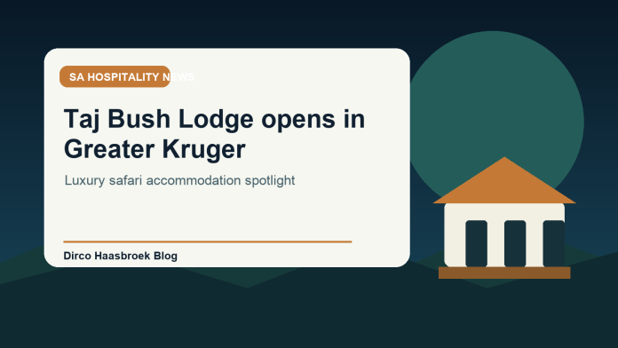 Editorial graphic for news about Taj Bush Lodge opening in Greater Kruger, South Africa.