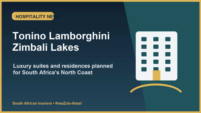 Editorial graphic for news about Tonino Lamborghini Suites and Residences planned at Zimbali Lakes on South Africa’s North Coast.