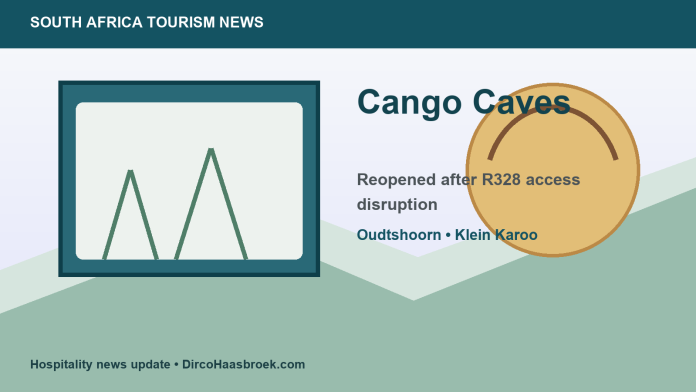Editorial graphic for the Cango Caves reopening and Oudtshoorn tourism news update.